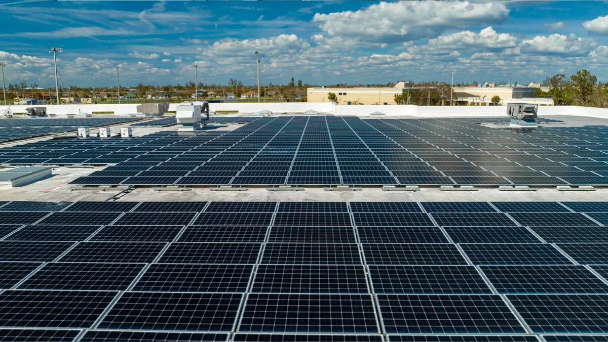 Large rooftop solar array representing modular microgrid generation.