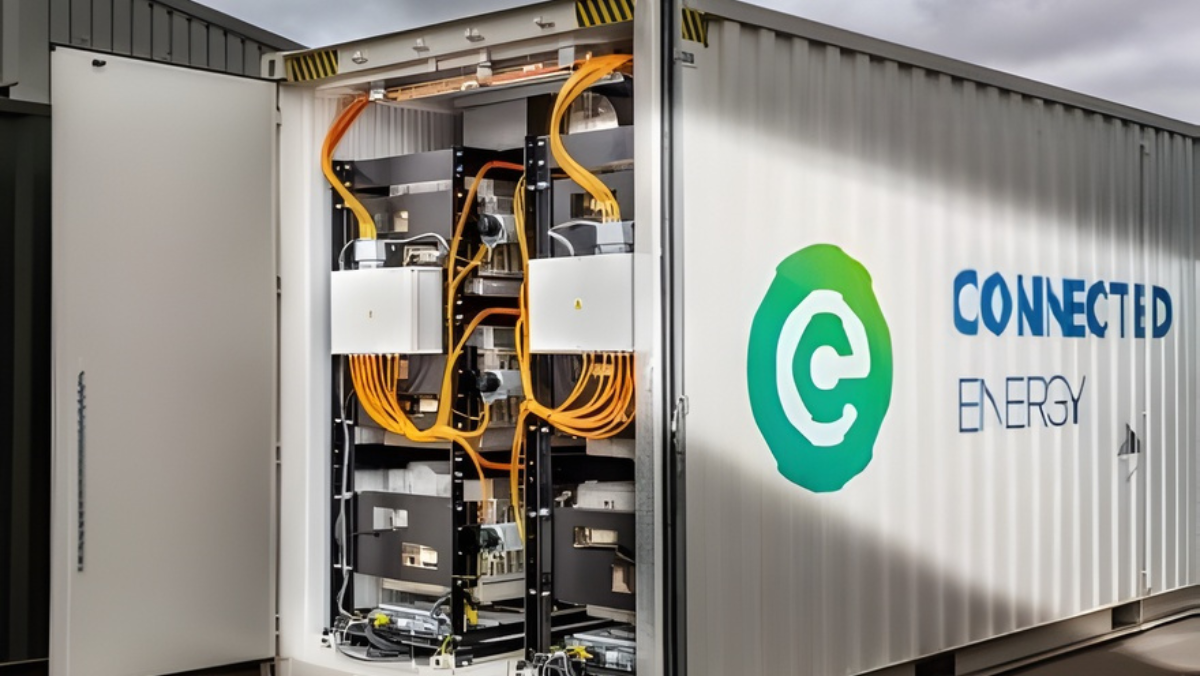 Energy storage unit with open cabinet showing wiring and control systems by Connected Energy