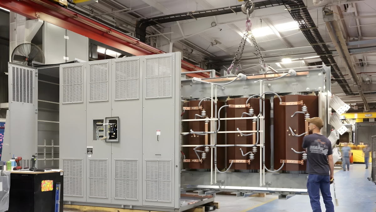 Worker guiding installation of large power transformer equipment inside manufacturing facility.