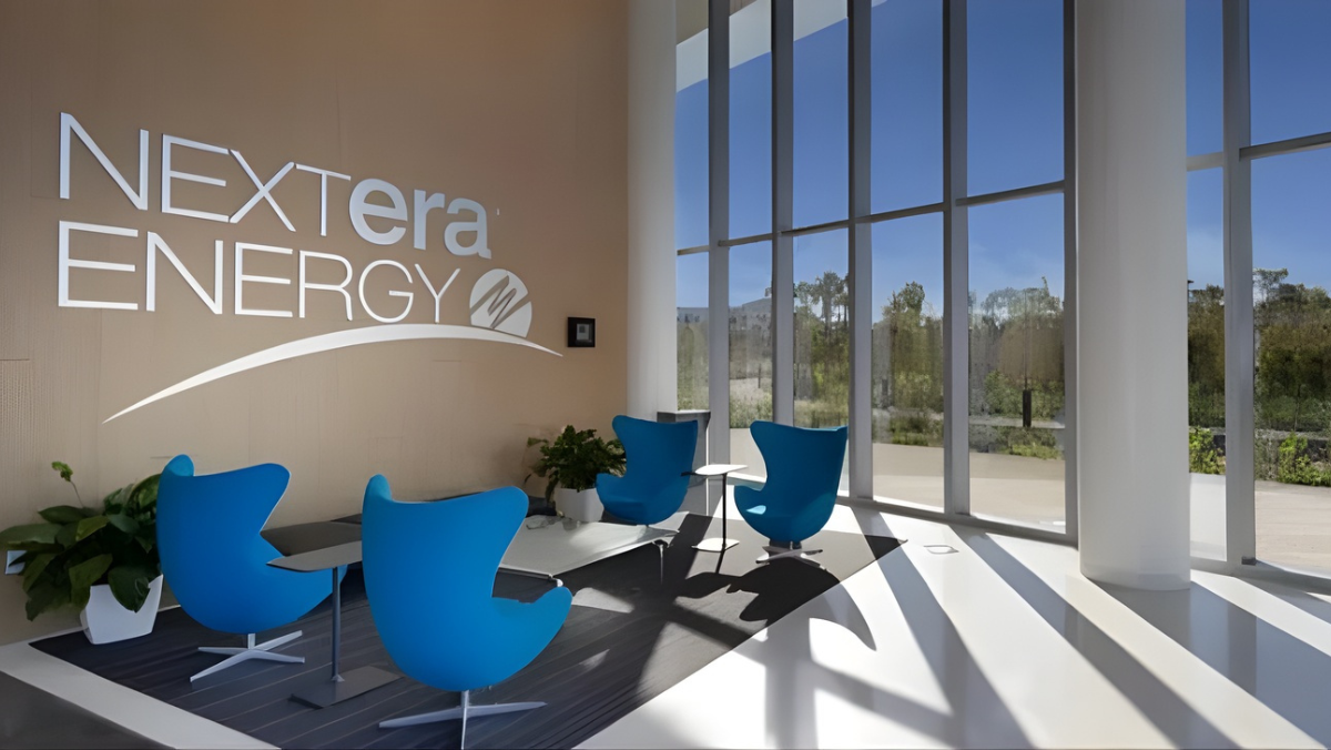 NextEra Energy lobby with modern seating and large windows overlooking outdoor landscape