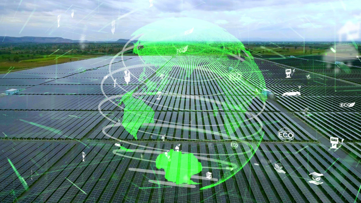 Solar array with AI-style digital graphics illustrating rising power demand and smart grid technology
