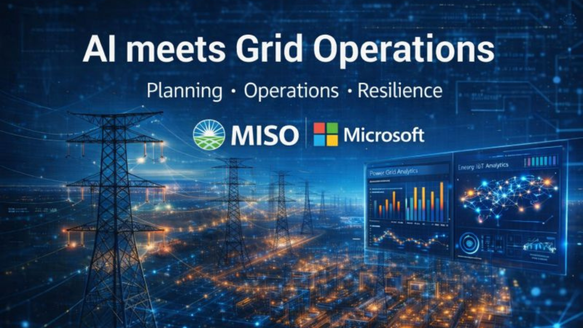 Power grid transmission lines shown with AI analytics graphics and Microsoft and MISO logos