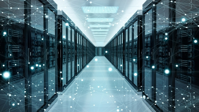 Data centre corridor representing digital grid and utility software infrastructure