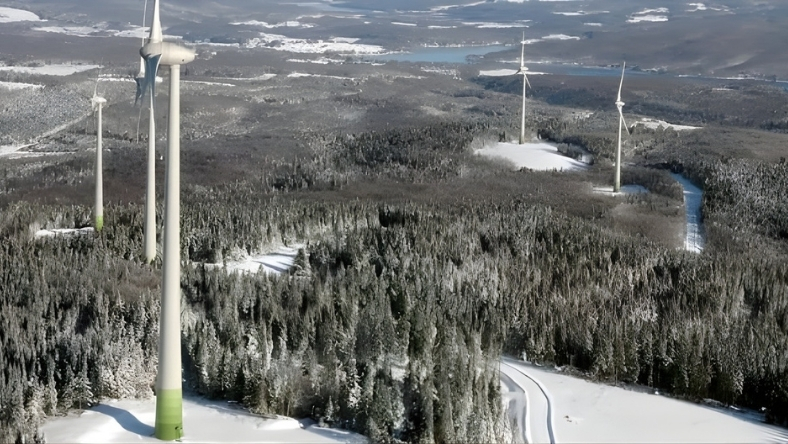Wind turbines operating across snow-covered forest landscape